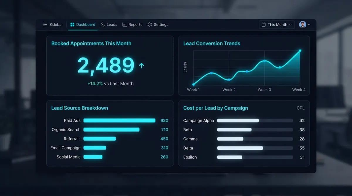 Sample tracking dashboard mockup showing a lead source breakdown chart, booked appointments this month metric, and cost per lead by campaign comparison.