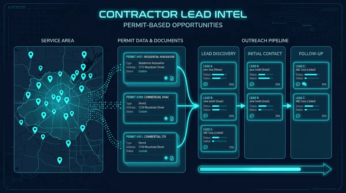 Permit intelligence and service-area outreach pipeline on a dark contractor dashboard UI