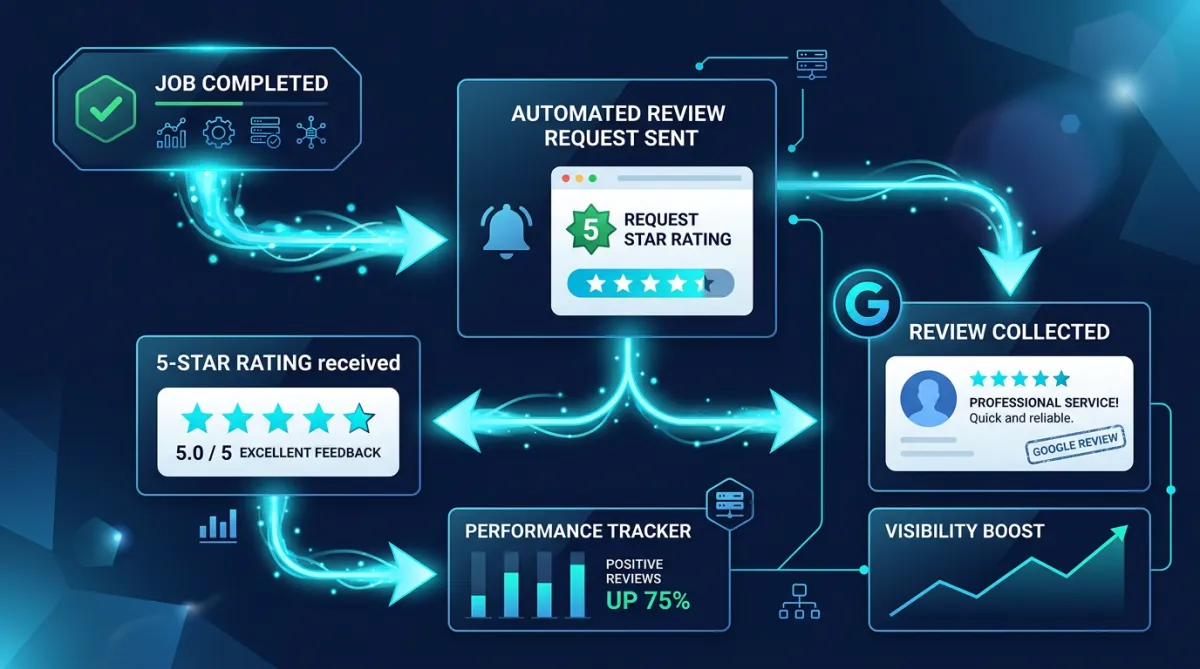 Reputation automation triggering a five-star review request on a dark contractor dashboard UI