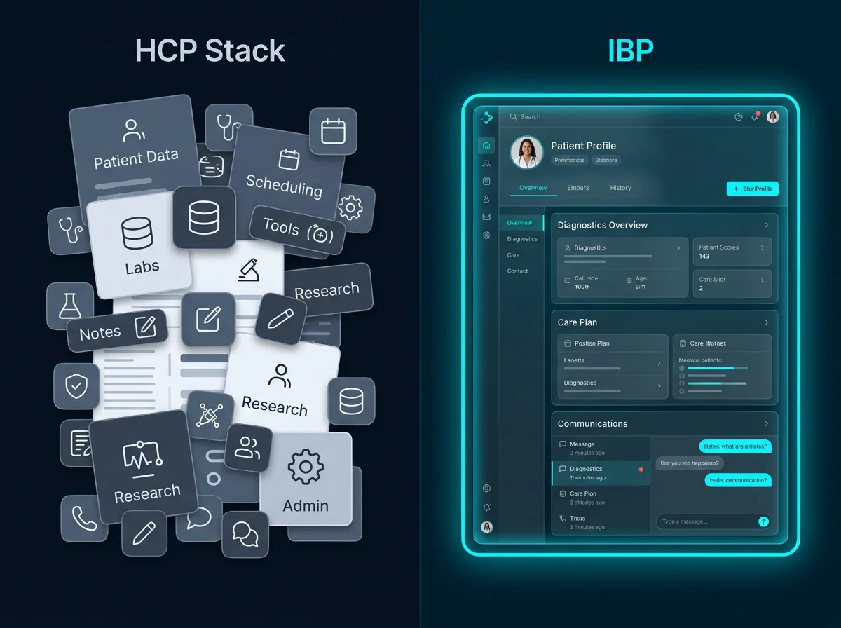 Split comparison graphic displaying the fragmented Housecall Pro stack on the left versus the unified IBP platform on the right with an electric cyan tech glow