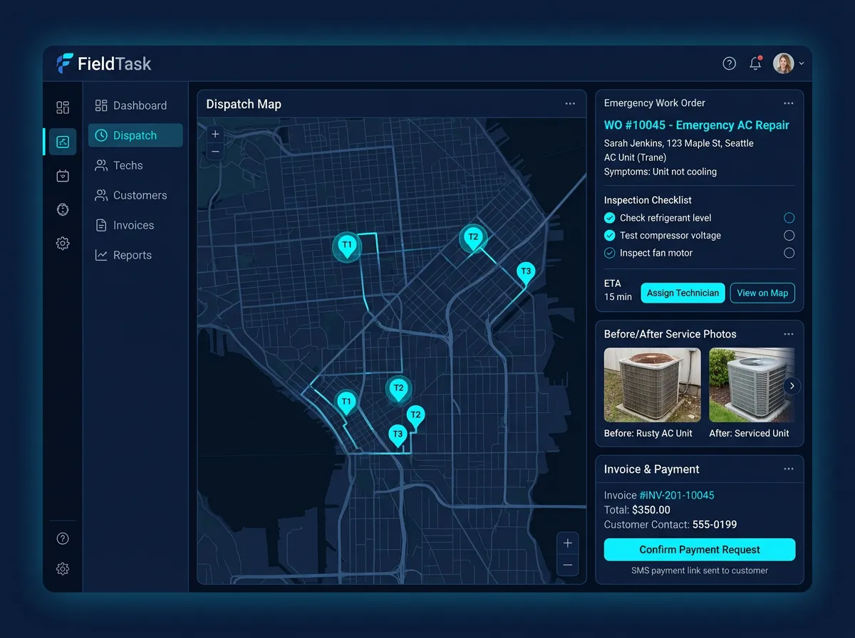 FieldTask HVAC dispatch, work orders, and invoicing UI mockup
