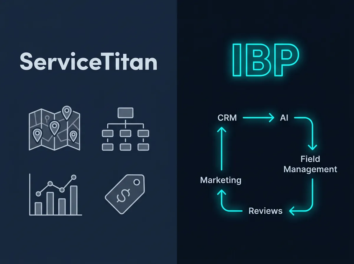 Side-by-side comparison graphic showing ServiceTitan as enterprise icons versus IBP as a simpler connected system loop with neon-cyan glow