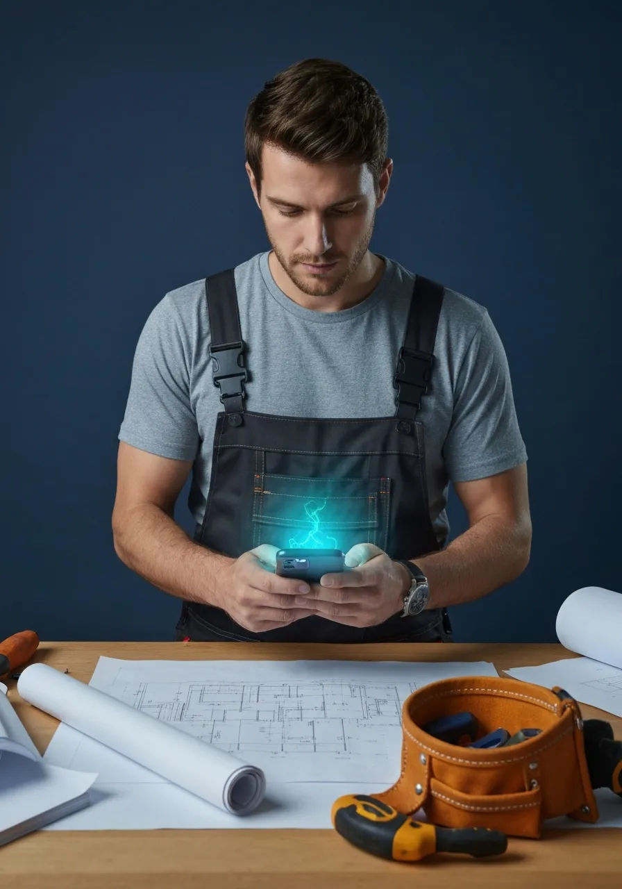 Professional tradesman checking phone for local service requests
