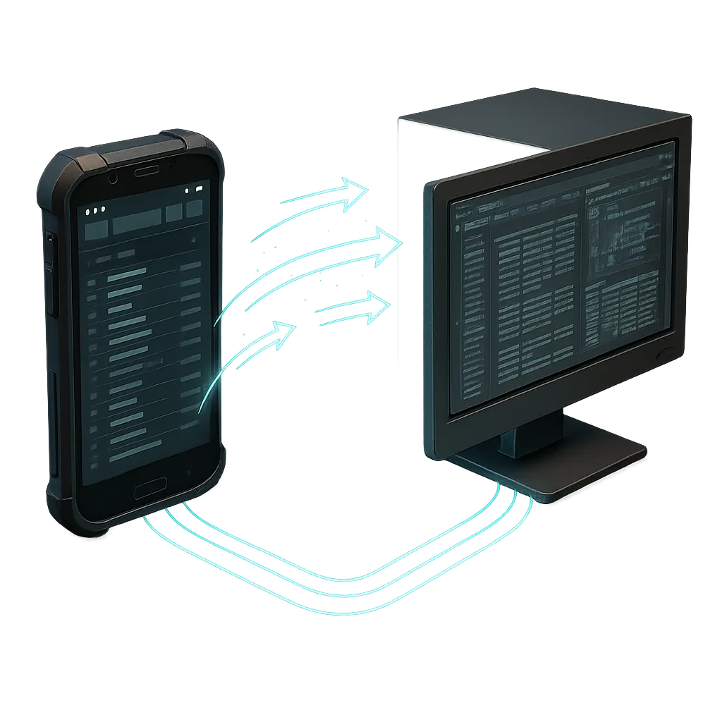 3D Flow Diagram representing real-time synchronization between FieldTask mobile app and back-office management system