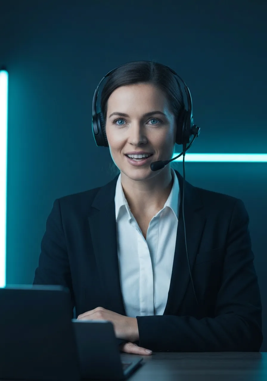 Call center operators in a deep blue duotone environment