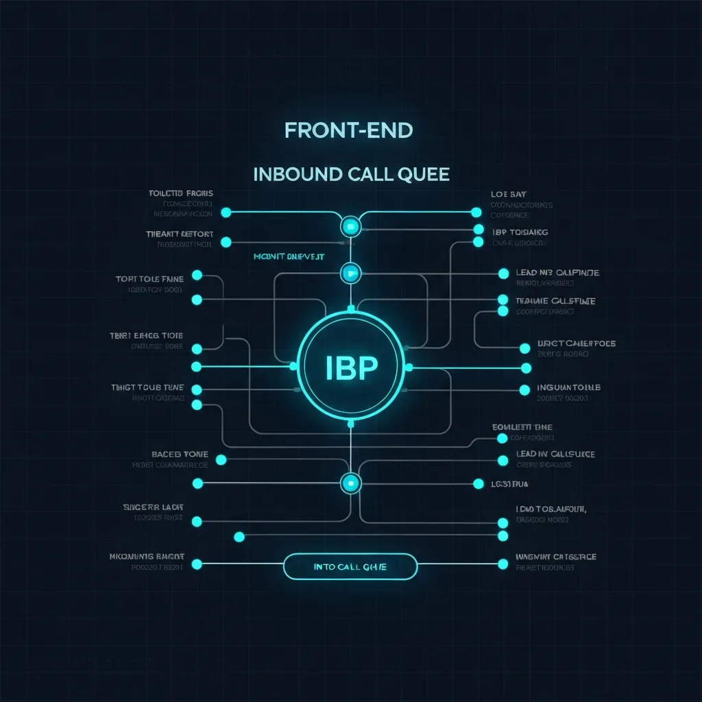 Blueprint-style diagram of front-end lead capture flowing into an inbound call queue