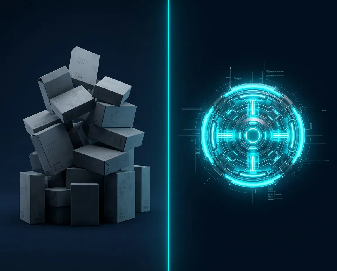 Comparison Stack Graphic showing fragmented Jobber software stack on the left versus unified glowing IBP system architecture on the right with cyan divider