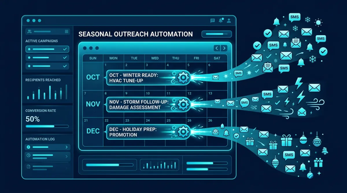 Seasonal outreach automations firing from a dark contractor dashboard calendar UI