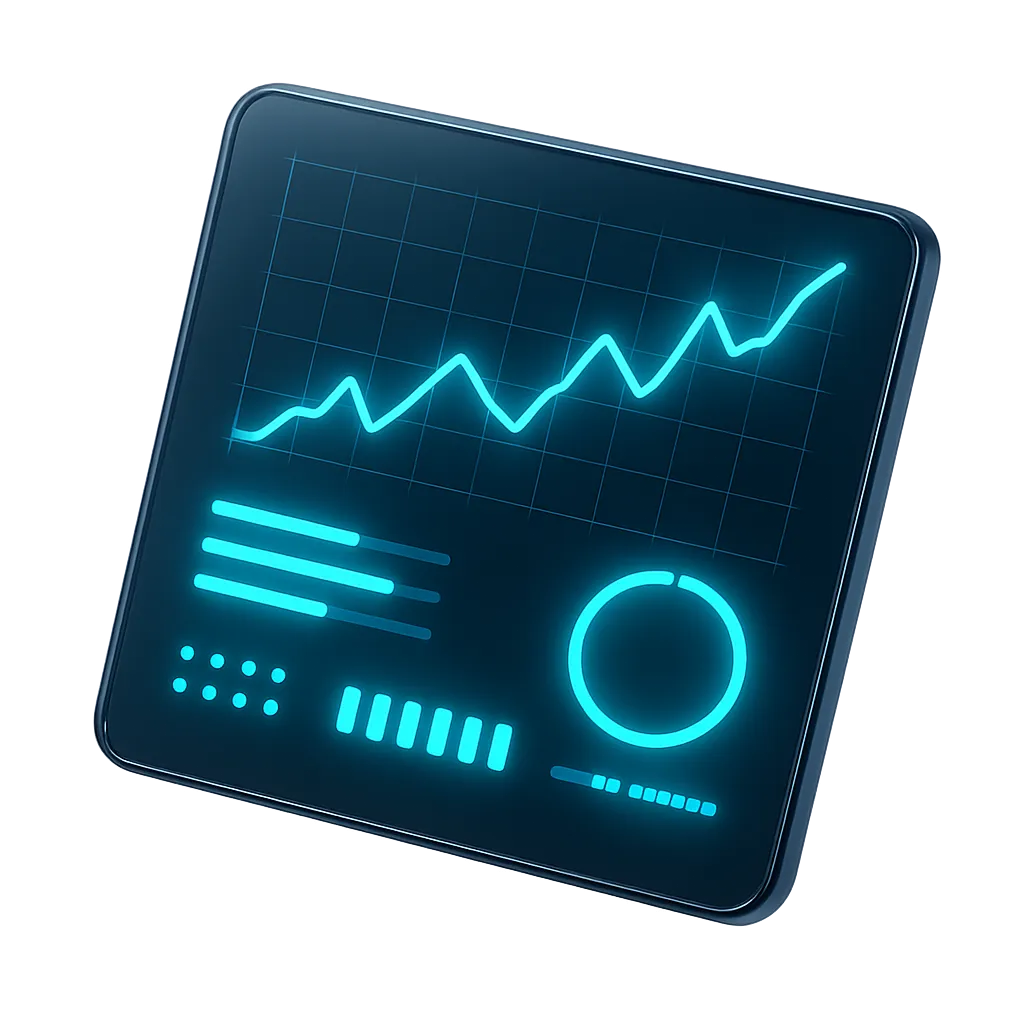Stylized navy and electric-cyan dashboard mockup with a line chart, source breakdown bars, and a lead counter