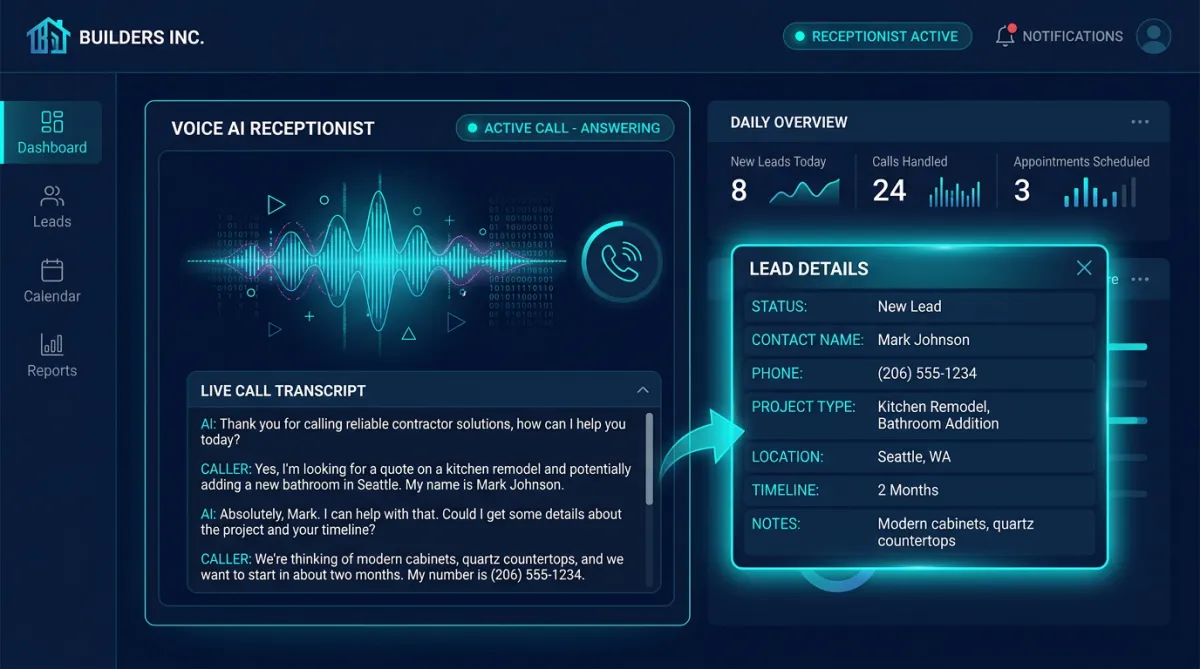 Voice AI receptionist capturing lead details into CRM on a dark dashboard UI