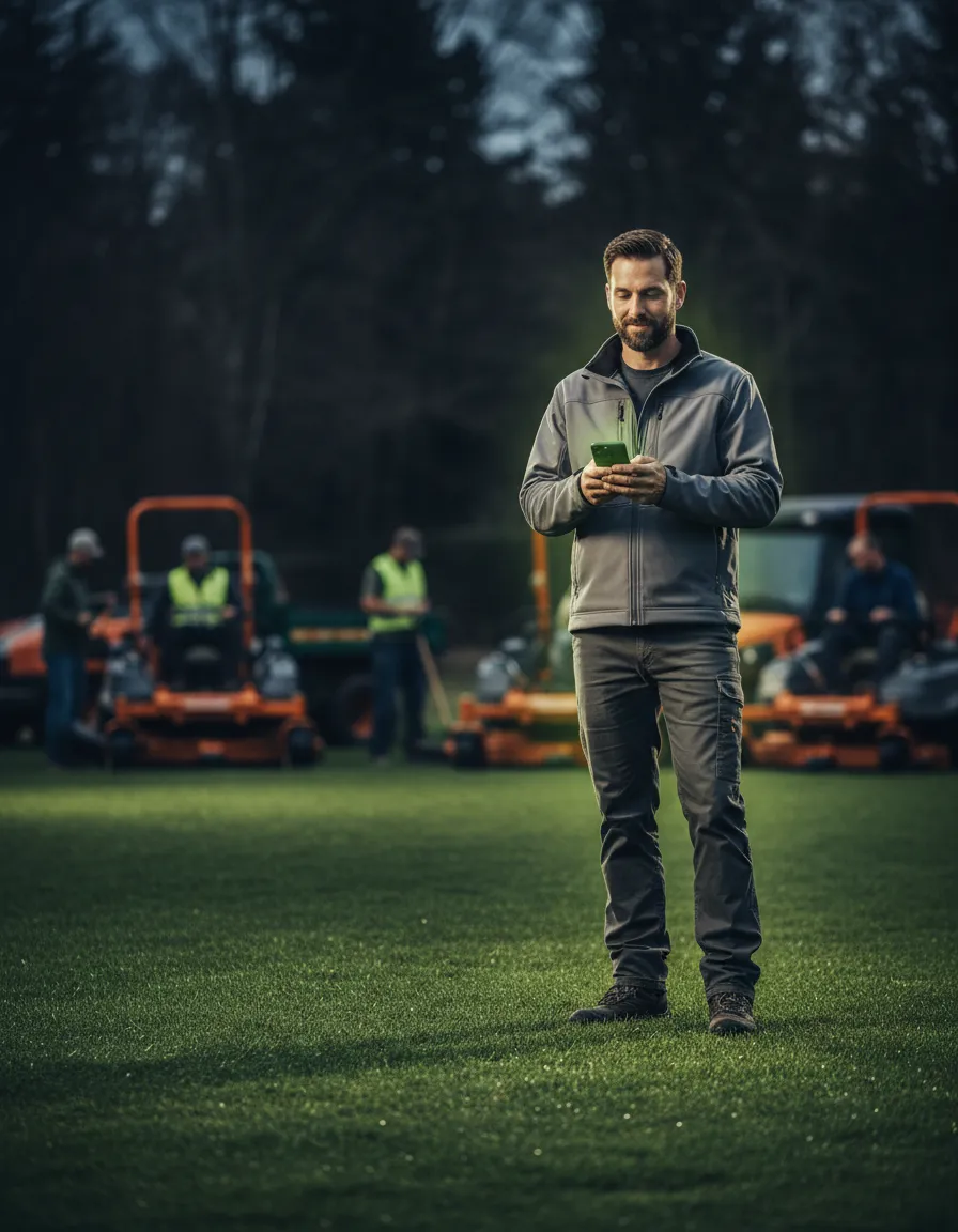 Landscaping business owner checking mobile phone by fresh sod install