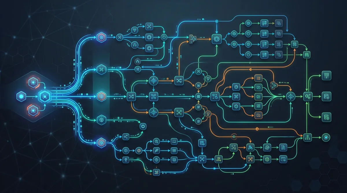 Automated workflow pathways illustrating event streams and connected nodes