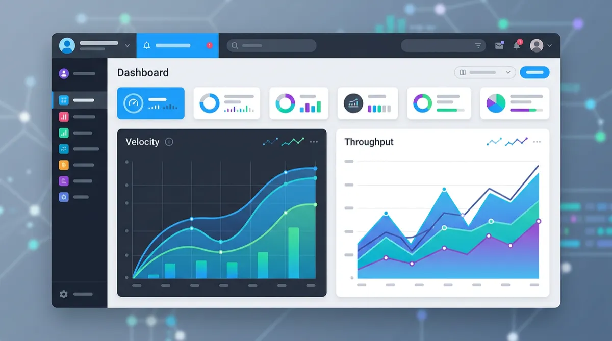 System performance optimization dashboard with velocity and throughput graphs