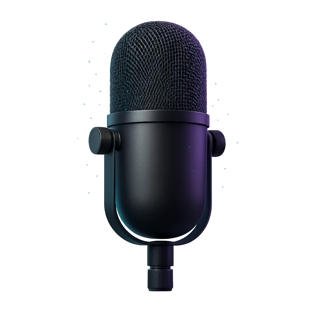 Sleek modern broadcast microphone glowing with cyan energy particles