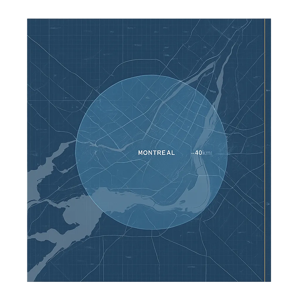 Carte de la zone de service de Montréal montrant un rayon de 40 km