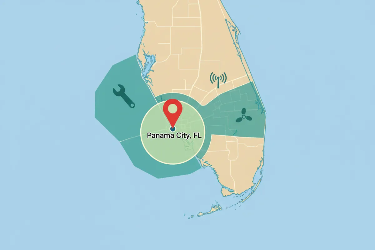 A stylized map highlighting Panama City, FL, and surrounding towns, with icons marking service coverage zones. The map features coastal outlines, highways, and a prominent pin for Panama City, emphasizing local reach.