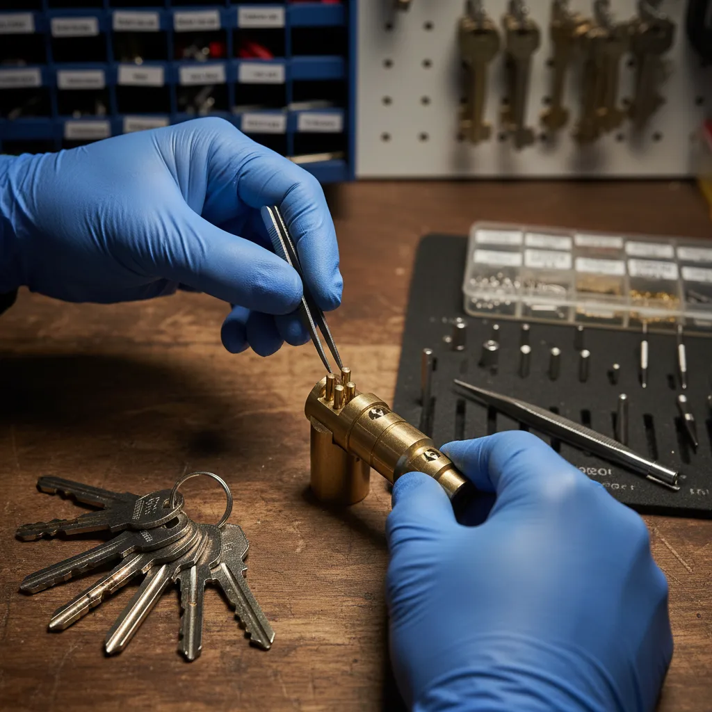 Close-up of a locksmith’s hands rekeying a commercial lock cylinder on a workbench, with a set of master keys and precision tools visible. The workspace is organized, and the lighting highlights the intricate process.