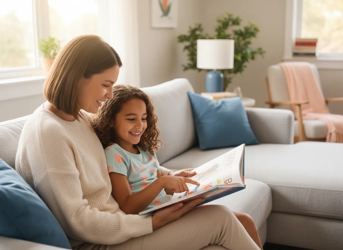 Parent and child reading together on a couch