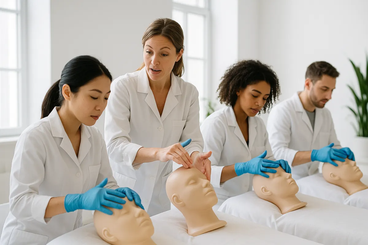 Dermocosmetic trainees practicing protocols in a bright training studio with instructor guidance.