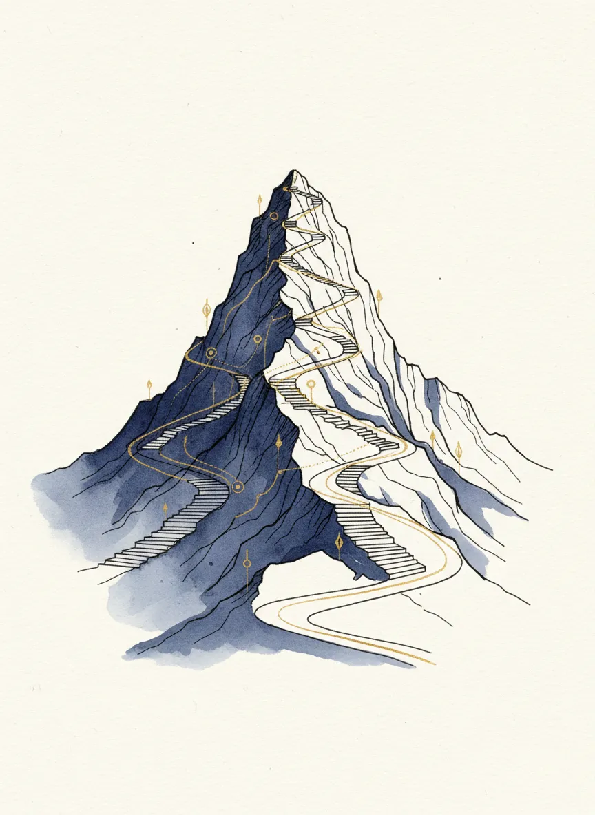 Technical-chic architectural illustration of a mountain peak ascending