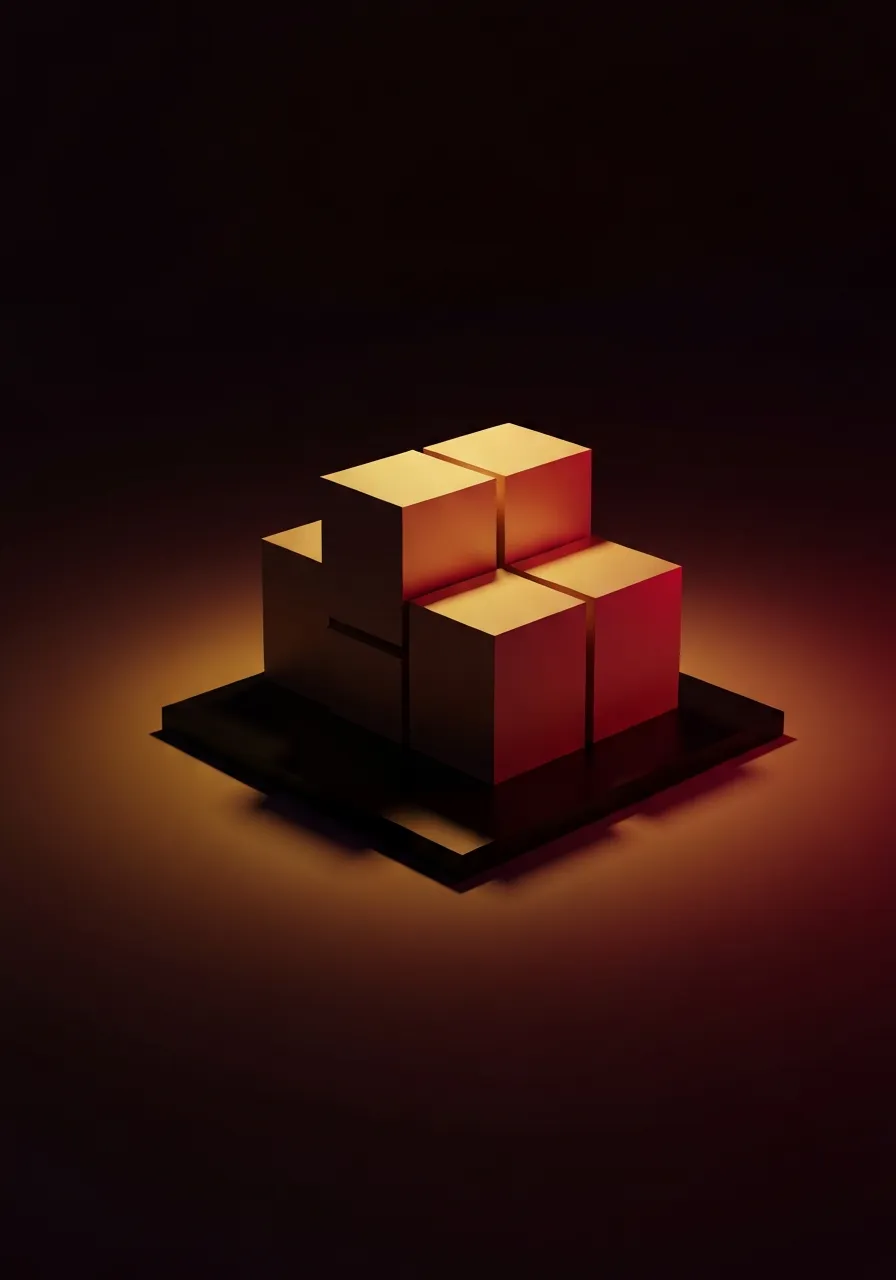 Abstract geometric graphic using Crimson and Saffron gradients to represent corporate synergy