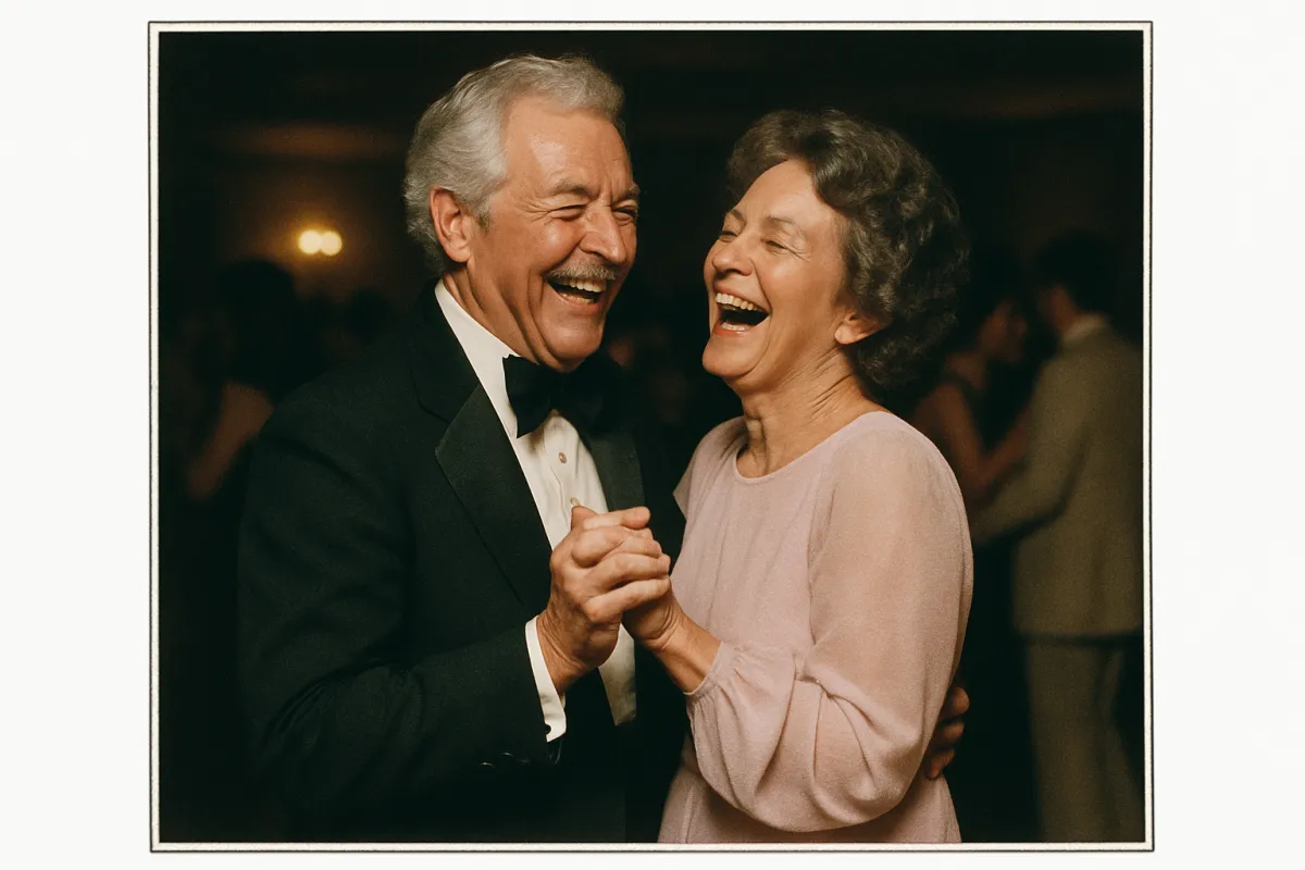 Senior prom couple dancing in elegant 1970s attire with soft dramatic lighting and film-grain aesthetic