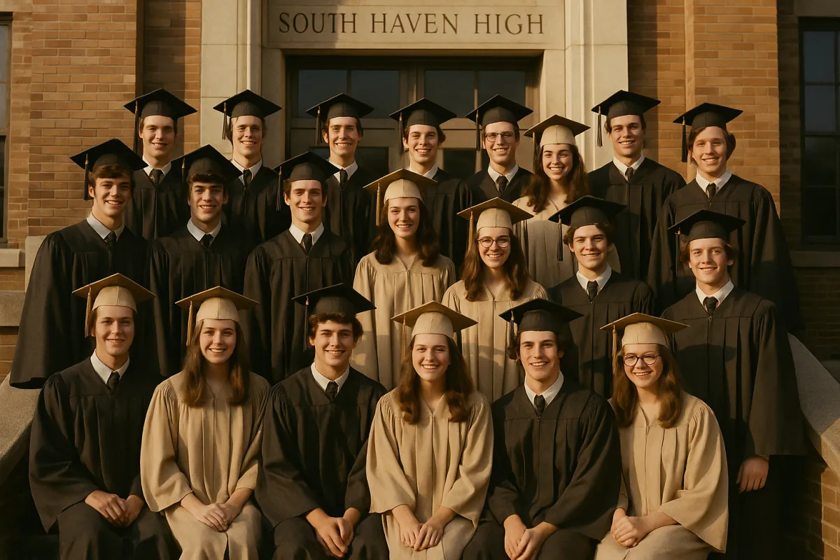 Graduation group photo of seniors in caps and gowns on the front steps of South Haven High, warm vintage tones