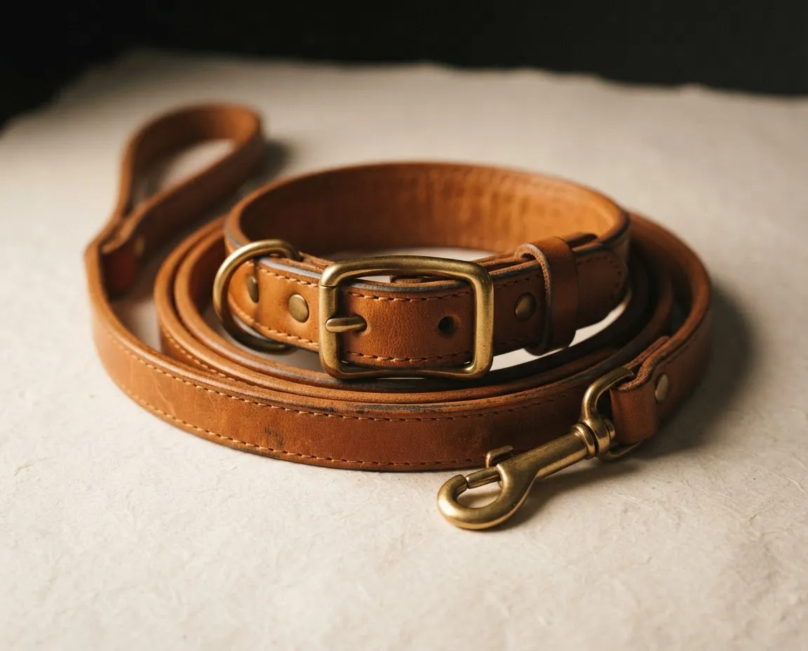Handcrafted vegetable-tanned leather collar, leash, and brass engraved tag