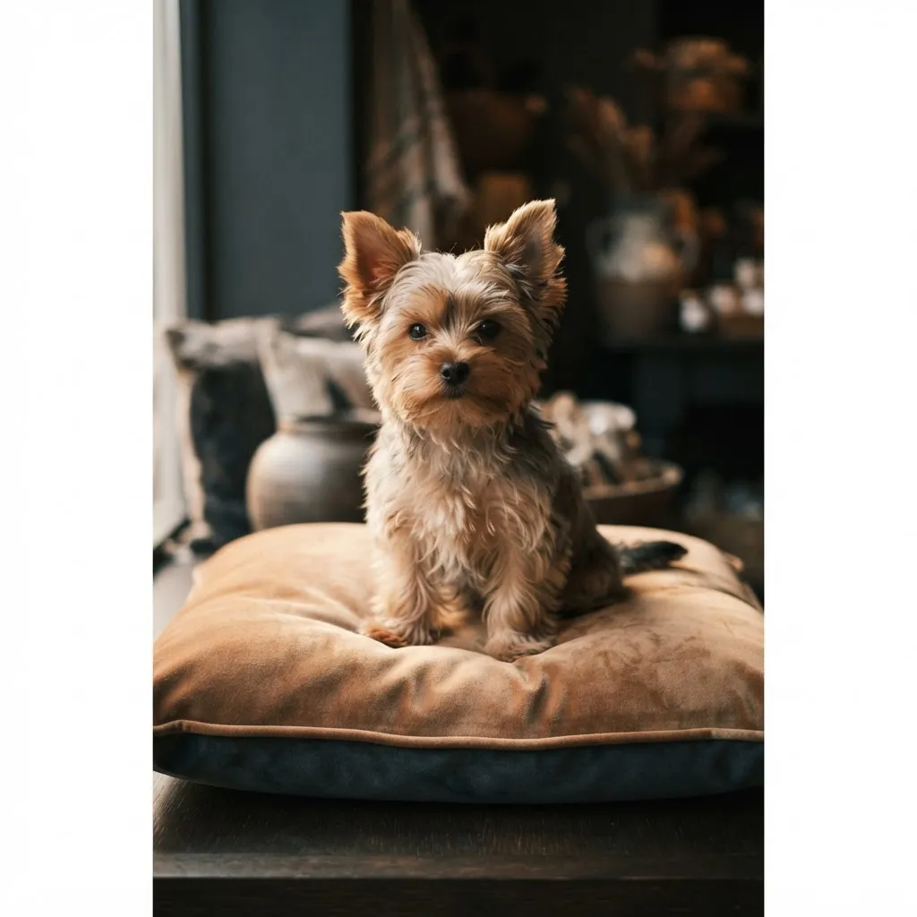 Charming Yorkie puppy comfortably relaxing on a soft boutique cushion in natural warm light
