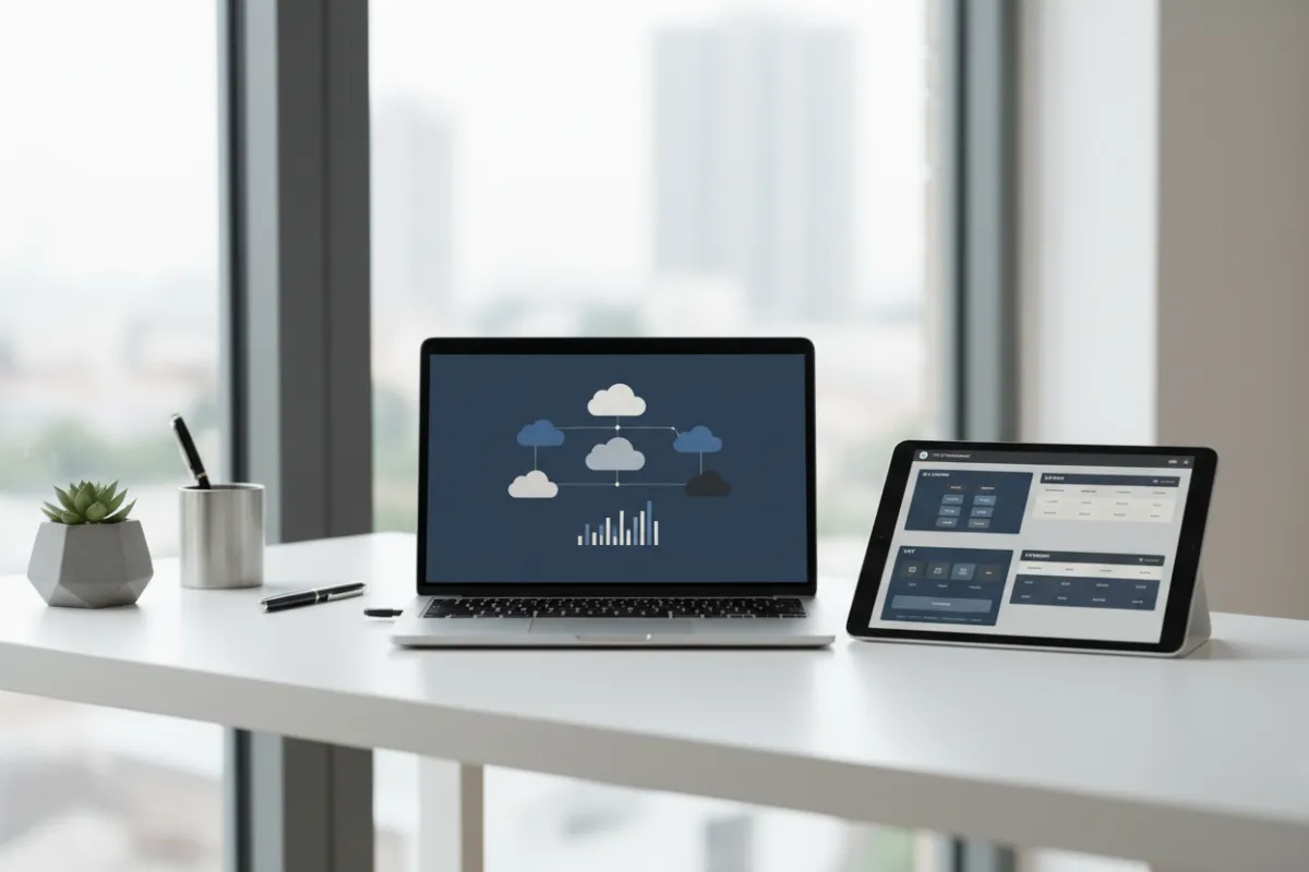 Cloud accounting dashboard and VAT report on laptop and tablet in a modern workspace for Insight Books LedgerReady.