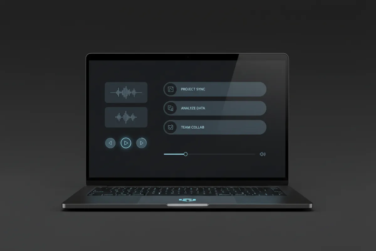 Product interface render on a modern laptop showing voice transcripts, playback controls, and suggested actions in a clean UI, emphasizing enterprise readiness and integration.