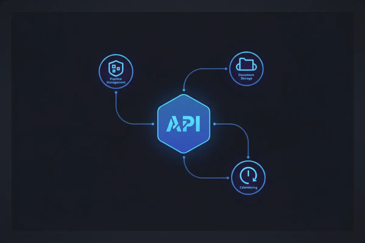 Integrations and API schematic with labeled endpoints for practice management, document storage, and calendaring.