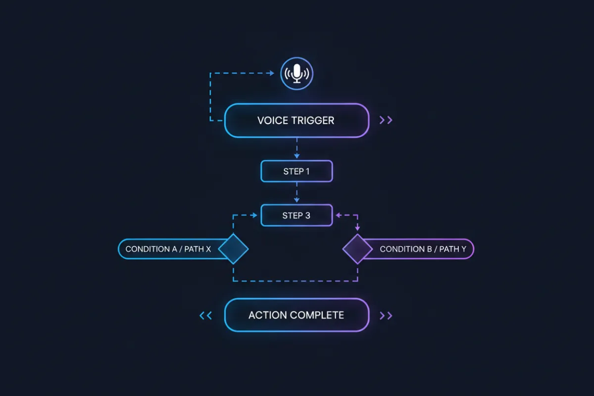 Workflow automations sequence diagram with conditional routing and voice triggers styled as a modern UI mock.