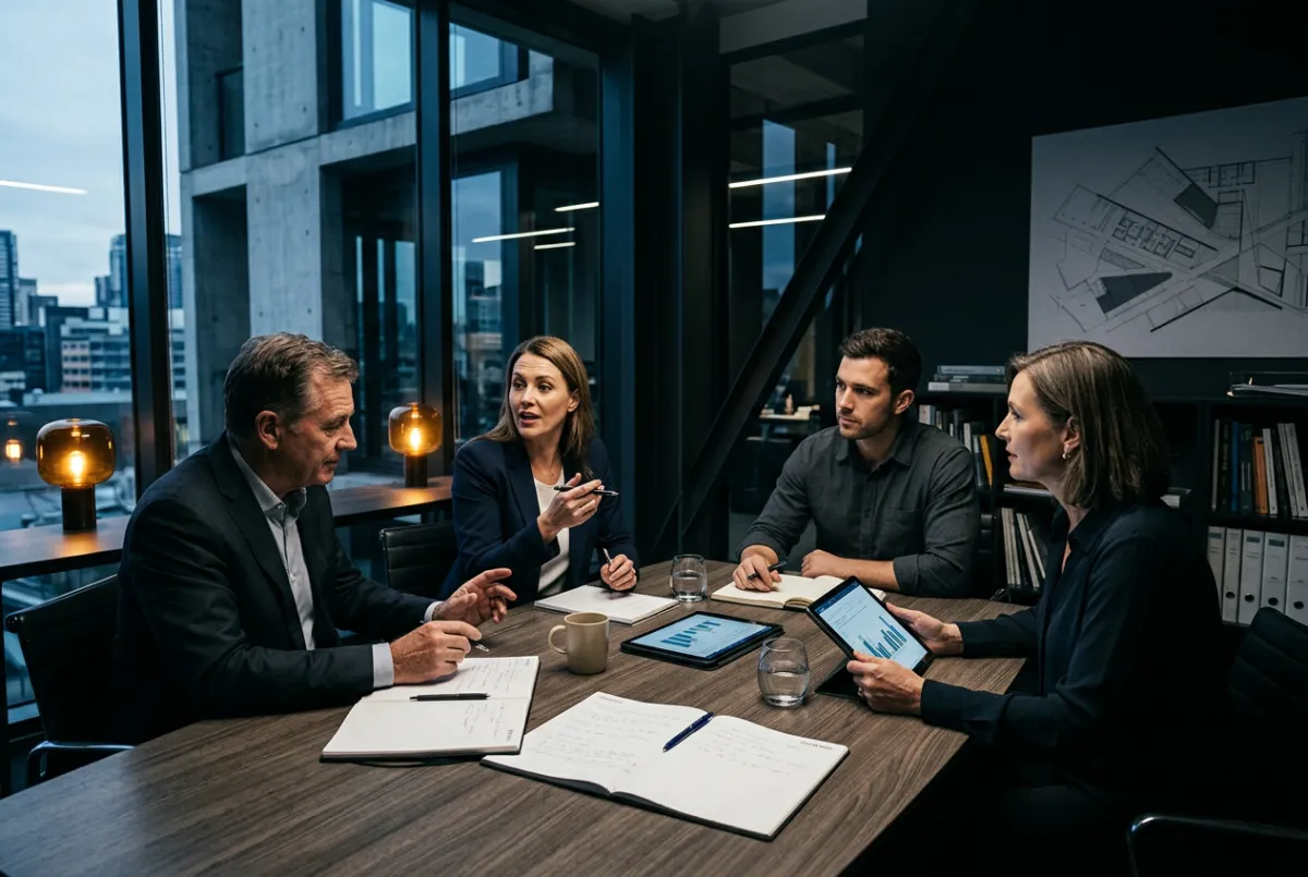 Corporate leadership team analyzing predictable quarterly pipeline forecasts