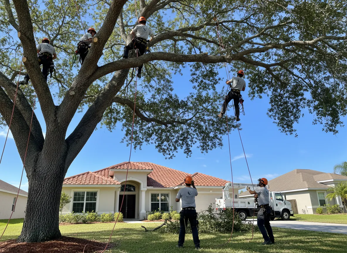 Crew safely trimming a large tree over a home in Central Florida