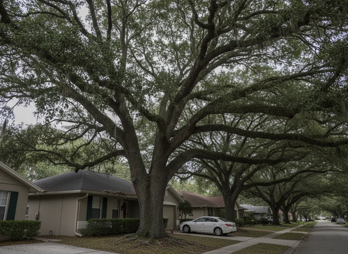 Large oak tree before trimming