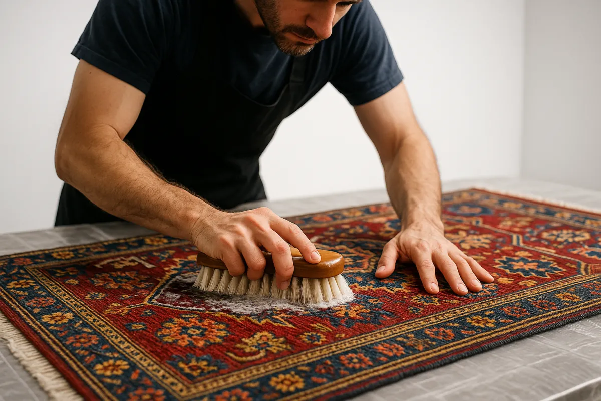 Rug cleaning: artisan handling oriental rug cleaning on protective table with focus on fiber restoration and color vibrancy.