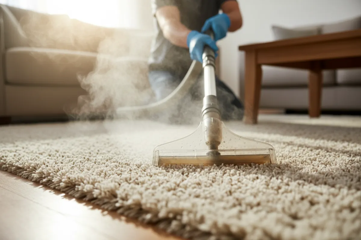 House Cleaning - technician applying hot-water extraction to carpet