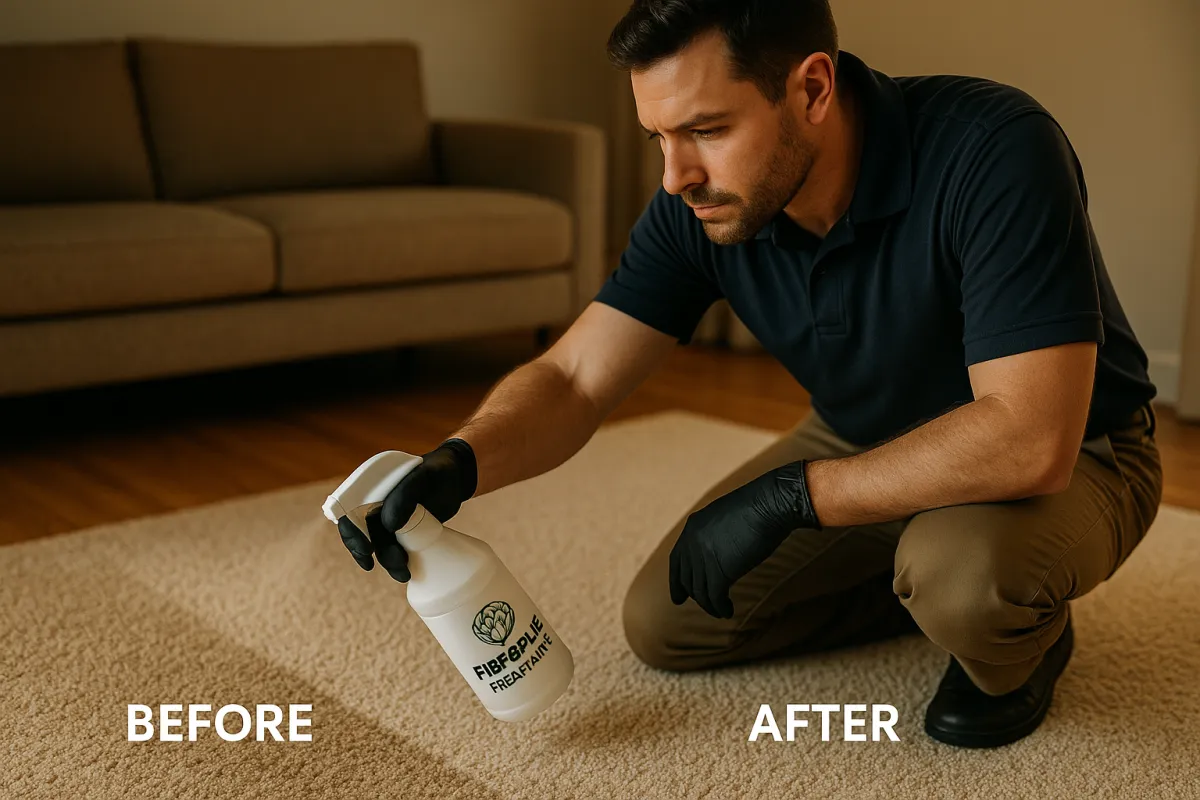 Technician applying FiberPure Treatment on carpet with clear before/after contrast