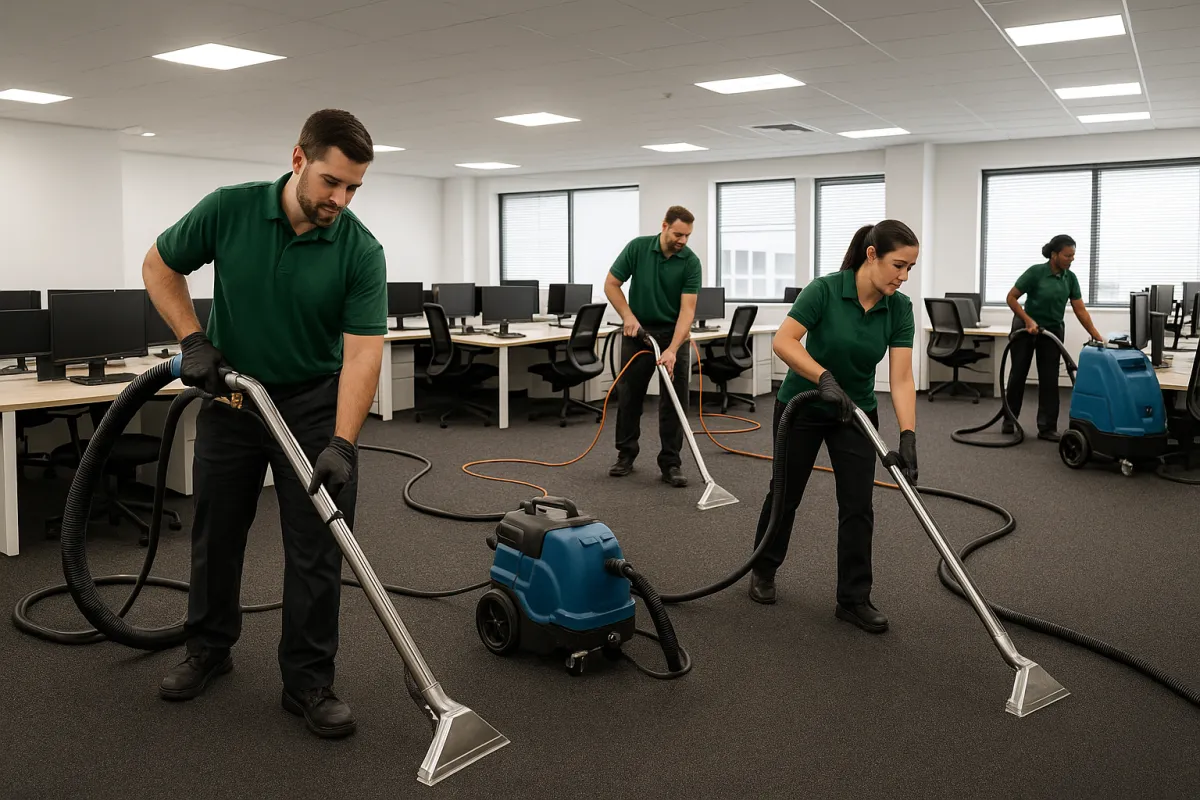 Commercial cleaning crew using professional extraction equipment in office space