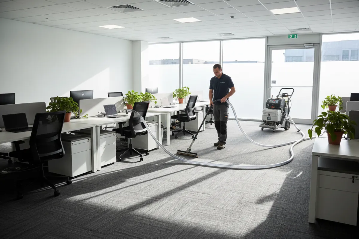 Office Cleaning - technician using truckmount extraction machine