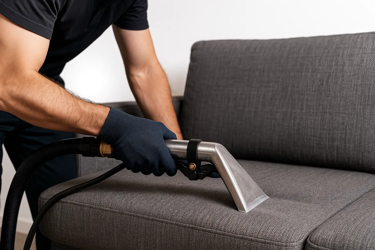 Upholstery cleaning close-up with extraction tool on sofa fabric