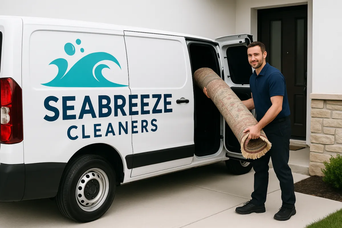 Pickup & delivery: branded Seabreeze Cleaners van parked at doorstep with rug being loaded into rear compartment, friendly technician visible.