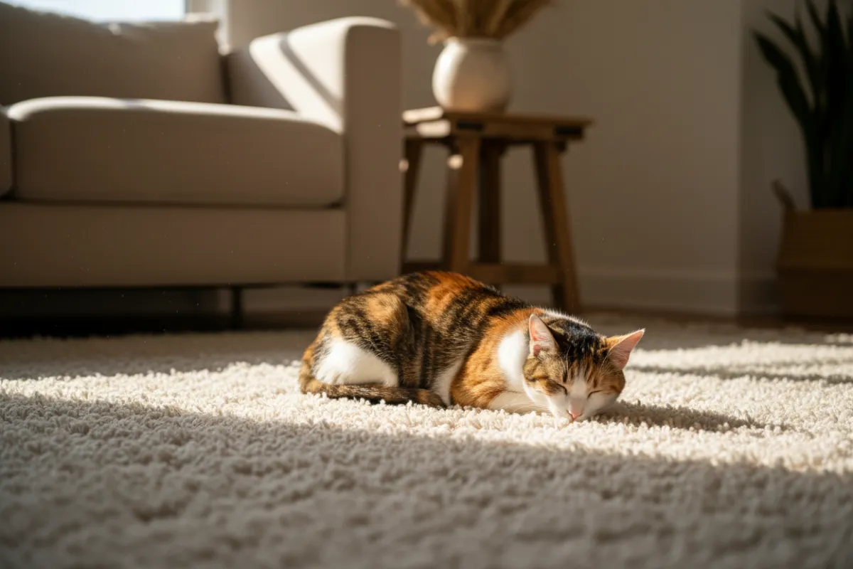 Indoor cat laying in the sun on a carpet
