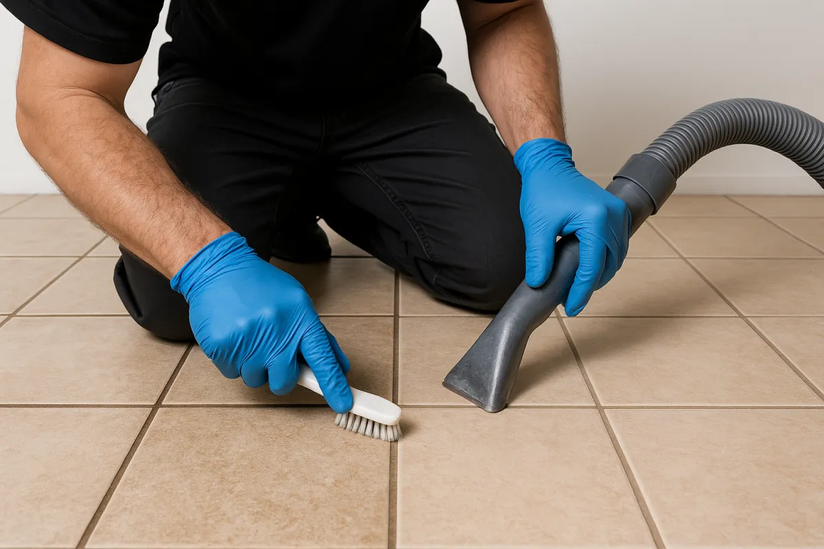 Tile restoration with technician cleaning grout lines showing before and after