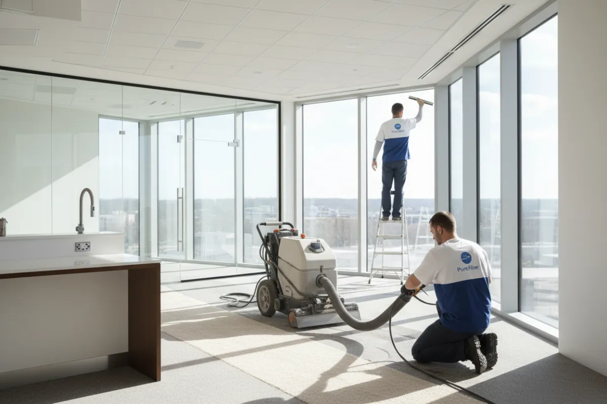 New Construction & Window Cleaning - crew finishing post-construction cleaning