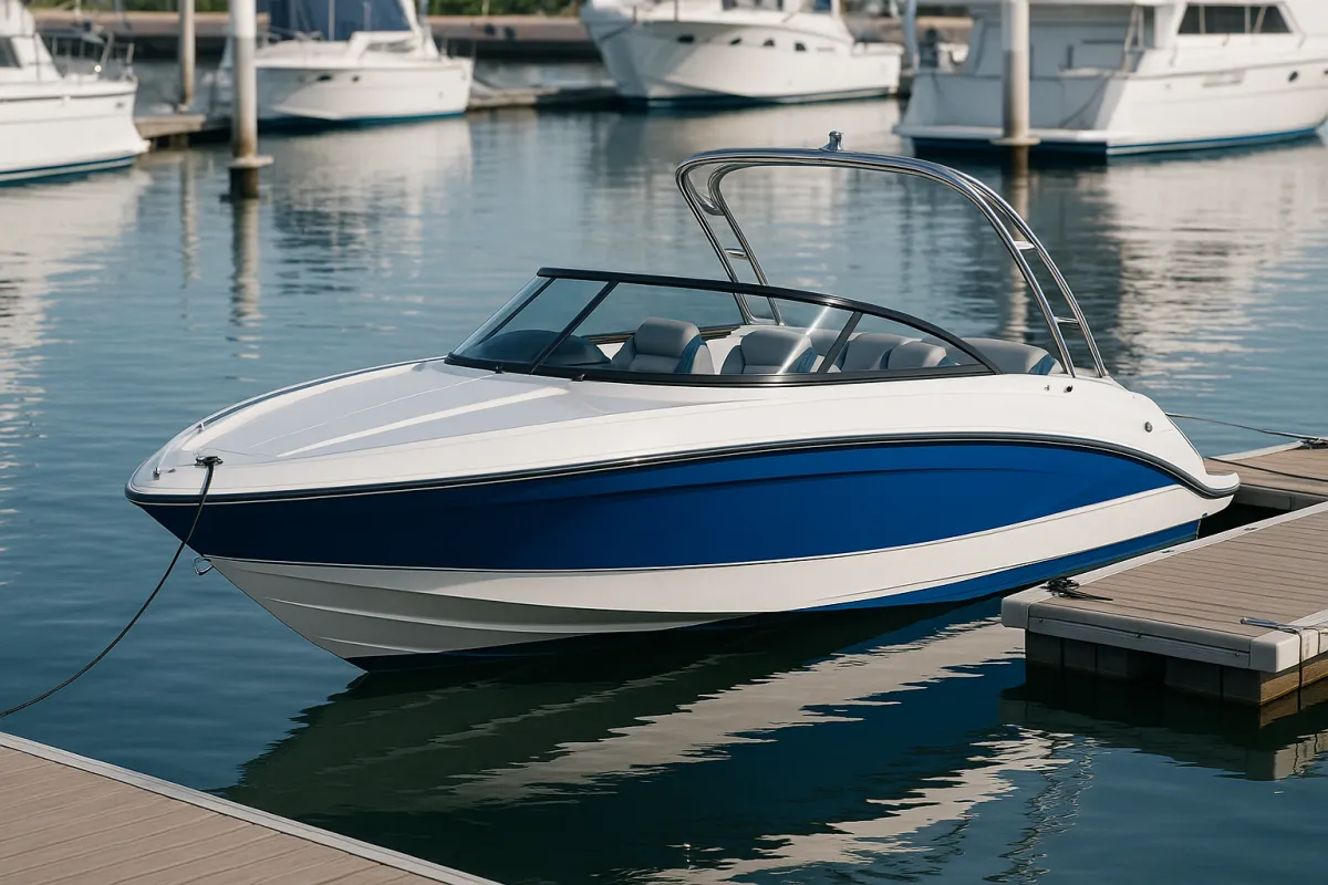 Modern boating scene at dock, photorealistic