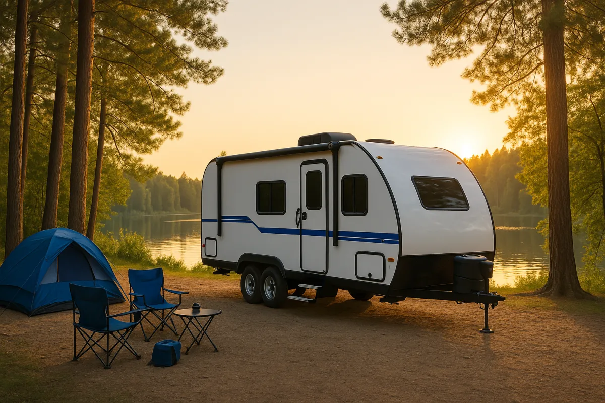Photorealistic modern RV at a serene lakeside campsite during golden hour, wide composition with subtle cobalt accents, clear against a light background
