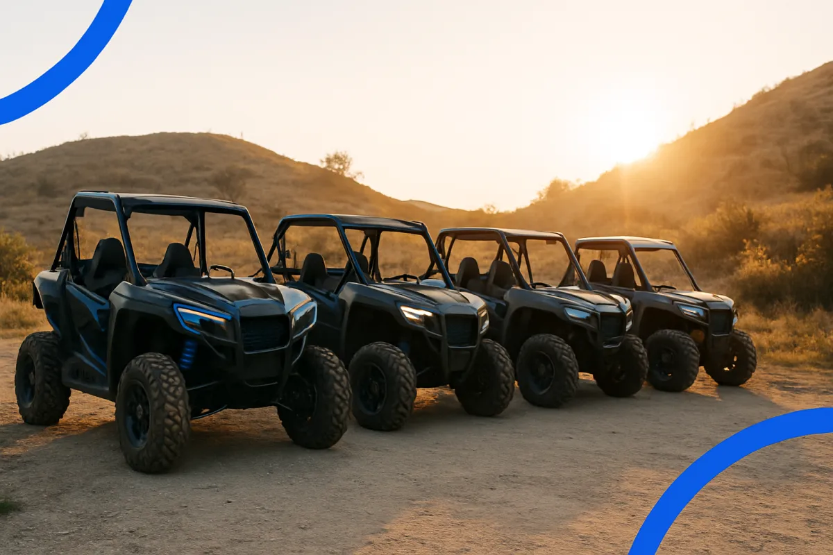 UTV on a light background with subtle cobalt accents, centered.