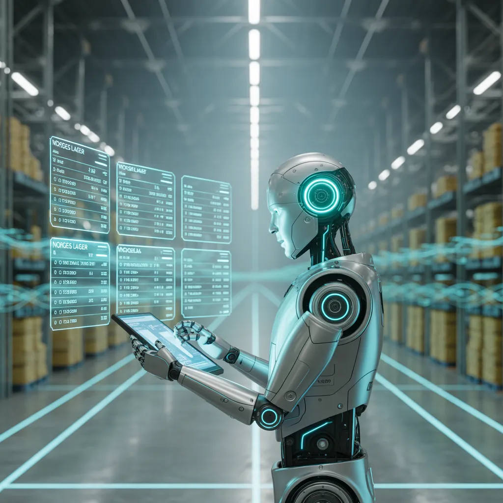 Futuristic robot analyzing holographic data panels in a warehouse, representing automated data systems